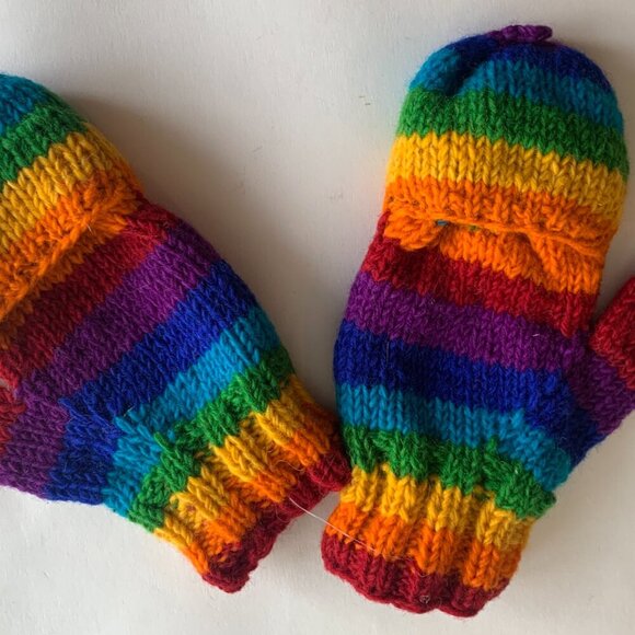 Rainbow convertible fingerless gloves, hand made, wool & fleece lined Wm's M - Picture 3 of 4